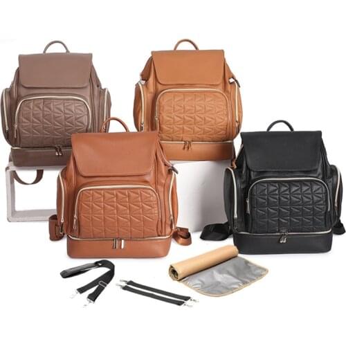 2021 New Mommy Bag PU Leather Mommy Backpack Mother and Baby Bag Fashion Solid Color Baby Diaper Bags Free Hooks and Diaper Pad