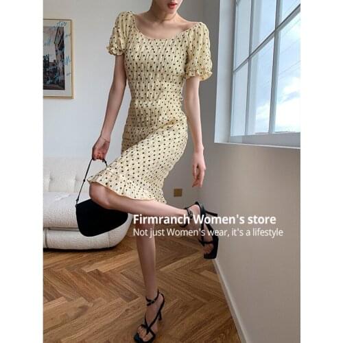 Firmranch New French Style Bubble Sleeve Dress Women Retro Fold Texture Polka Dot Fishtail Skirt Skinny Vintage One-peice Drees