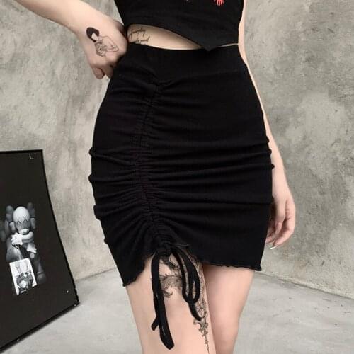 Streetwear Punk Skinny Ruched Bandage Skirt Summer Outfits Gothic Black MIni Skirt Harajuku Sexy Slit High Waist Skirt