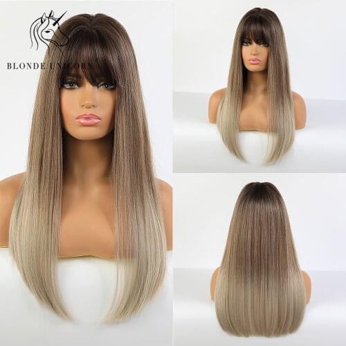 BLONDE UNICORN Long Straight Synthetic Brown Ombre White Wig for Black White Women Daily Party Heat Resistant False Hair