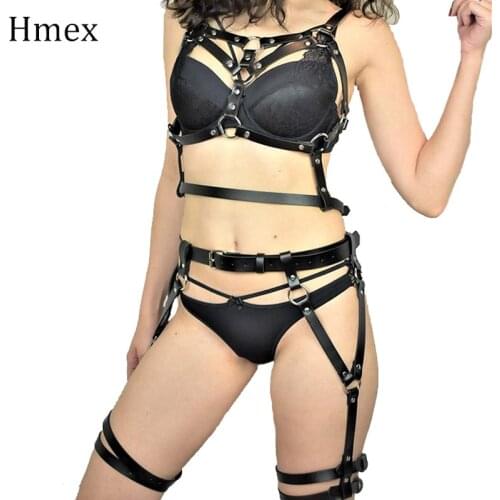 Sexy Underwear 2 Piece Women Leather Harness Set Garter Belt Lingeire BDSM Stockings Harajuku Gothic Bondage Cage Suspenders