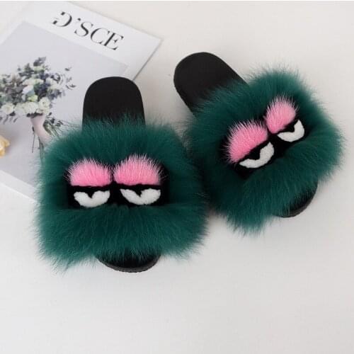 Fox fur little monster slippers Ladies summer outdoor sandals Womens casual raccoon skin flip-flops cute fluffy flat Slides