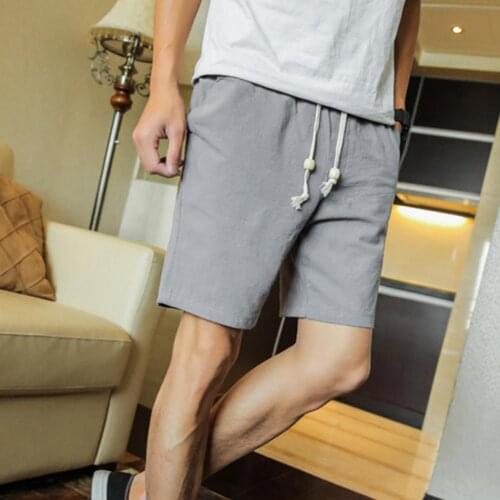 Casual Shorts Solid Color Linen Shorts Summer Men Beach Surfing Sports Drawstring Fifth Pants
