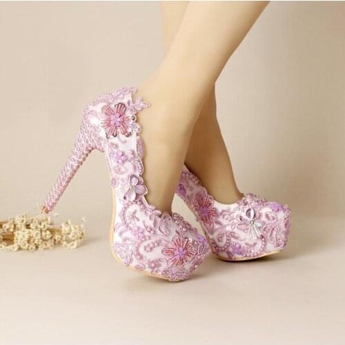 Handmade Flower and Pearl Wedding Party Shoes Fashion Platform Prom Event Pumps Purple Lace Bride Dress Shoes Bridesmaid Shoes