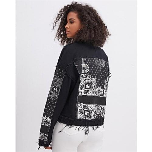 Womens Fashion Black Denim Jacket Autumn 2021 All-match New Stitching Cashew Pattern Printed Torn Lapel Jacket