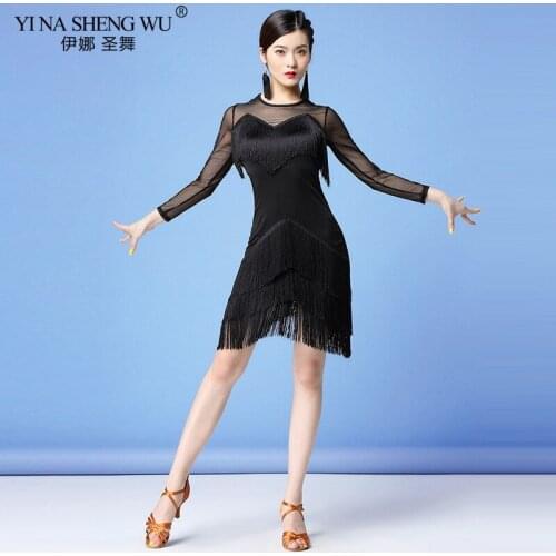Stage Performance Women Latin Dance Clothes Salsa Samba Wear Front Fringes Mesh Sleeves Spandex Silm One-piece Latin Dresses New