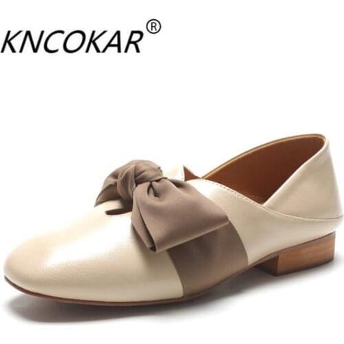 KNCOKAR Thick heel shoe female 2018 new style take bowknot square head single shoe female shallow mouth autumn female shoe