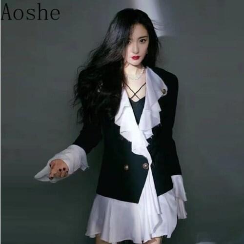 Aoshe Women Blazer Ruffle Patchwork Color Matching Female Blazers Jackets Fake Two Vintage Long Lady Blazer New Coat 2021