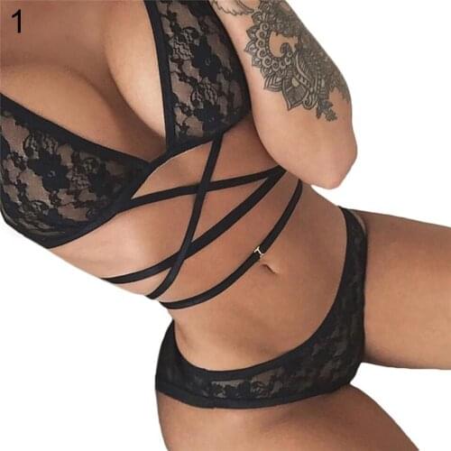 Women Bra Set Sexy Flower Lace Halter Cross Harness Panties Bra Set Underwear Lenceria Mujer Sissy Panty Babydoll Bandage Set