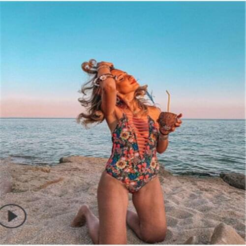 Women Floral Printed Monokini Swimwear Cut Out Deep V Neck Bodycon Fit One Piece Swimsuits Swimming Suit For Women Monokini