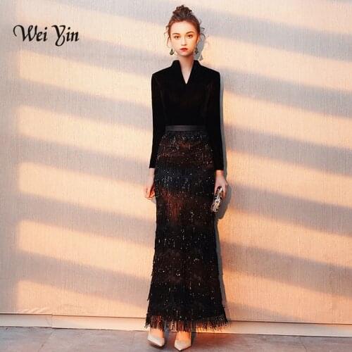 Weiyin Robe De Soiree 2021 New Evening Dress Banquet Black Velour with Stripe Floor-length Long Sleeves Prom Party Gowns Dubai