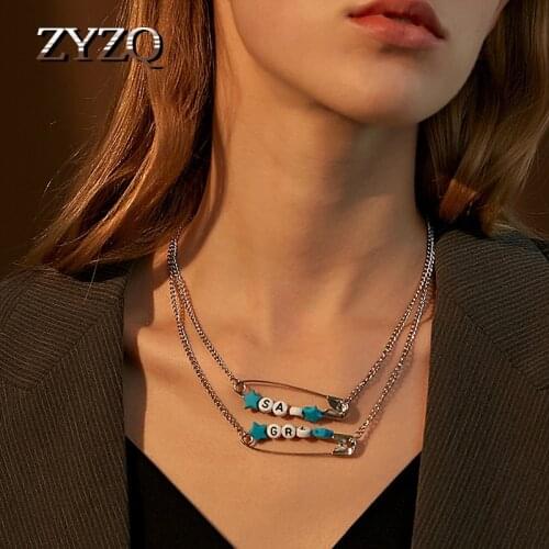 ZYZQ Fashion Ins Double-Layer Letter Pin Necklace Harajuku Style Special Buckle Pin Clavicle Chain Birthday Gift For Women