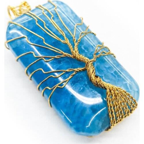 31x65x18mm Blue Agate Necklace Pendant Natural Semi-precious Rectangular Life Tree Pendant Dragon Blue Agate Pendant Hot Style