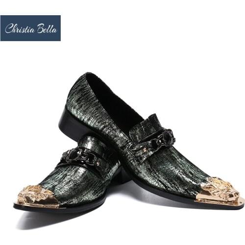 Christia Bella Fashion Chain Genuine Leather Men Business Shoes Large Size Slip On Metal Pointed Toe Formal Dress Men Shoes