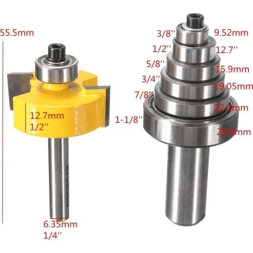 1/2"H - 1/4" Shank Adjustable Rabbet Router Bit with 7 Bearings Set Woodworking cutter Tenon Cutter for Woodworking Tools
