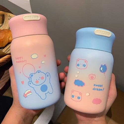 Gradient Thermos Cup Cute Cartoon Bear Printed Water Bottle with Cover Rope Portable Long Term Heat Preservation Hot Drink Cup