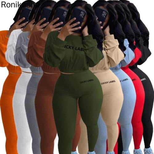 Ronikasha Women Fall Embroidery Ribbed 2 Piece Outfits Long Sleeve Pullover Crop Top Bodycon Long Pants Set Sweatsuits Tracksuit