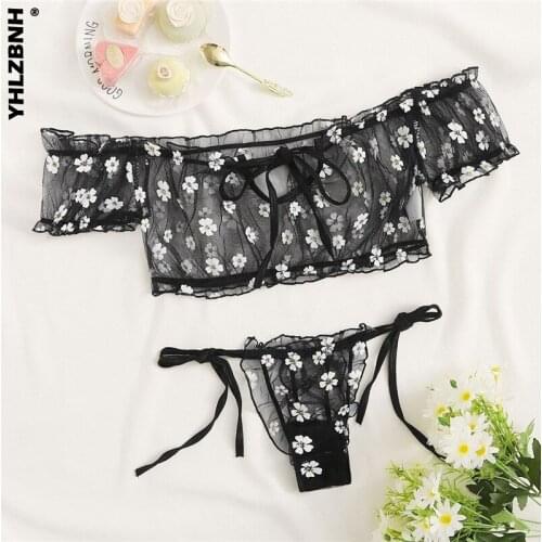 YHLZBNH Womens Lingerie Set Flower Print Mesh Off Shoulder See-Through Top And Panty Two-piece Suit For Women Underwear