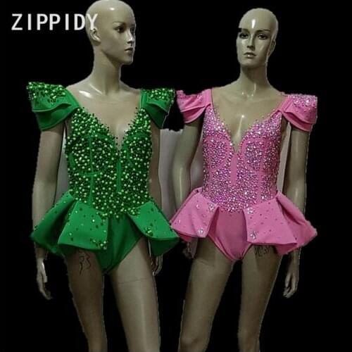 Fashion Green Pink Glisten Rhinestones Mesh Bodysuit Womens Birthday Party Celebrate Costume Nightclub Singer Show Clothes