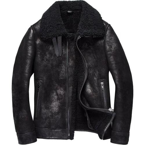 Gentlemen Real Sheepskin Fur Coat Genuine Sheep Shearling Jacket Male Winter Warm Outwear Black Men Fur Overcoat Extra Big Size