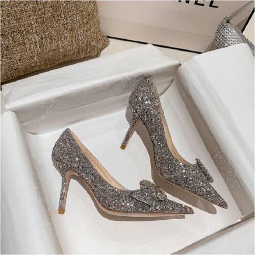 New autumn sequins pointed stiletto high heel sexy rhinestone buckle bridal wedding shoes banquet dress large size womens shoes