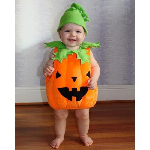 New 2Pcs Baby Halloween Outfit Velvet Pumpkin-Shaped Sleeveless Costume + Knotted Hat Suit for Toddler
