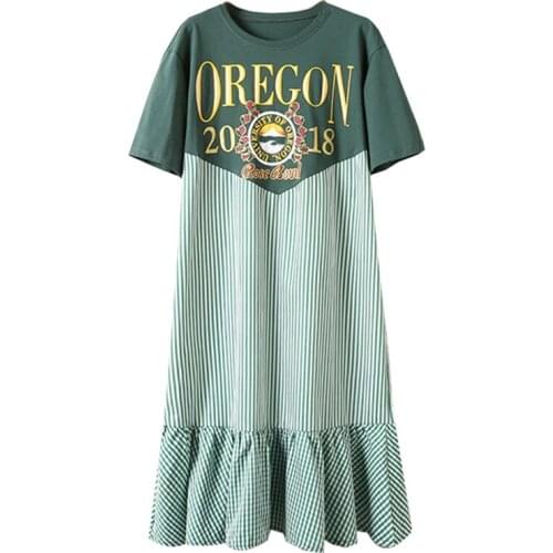 PERHAPS U Green Red Letter Print Patchwork Striped Plaid O Neck Short Sleeve Midi Mermaid Dress Summer Ruffle Large Size D1431