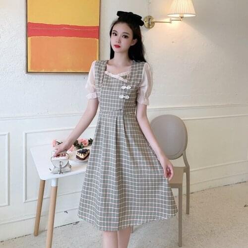 Dresses For Women Summer Dress Womens Puff Sleeve Plaid Cheongsam Long Dress Women Over The Knee Vestido De Mujer Femme Robe