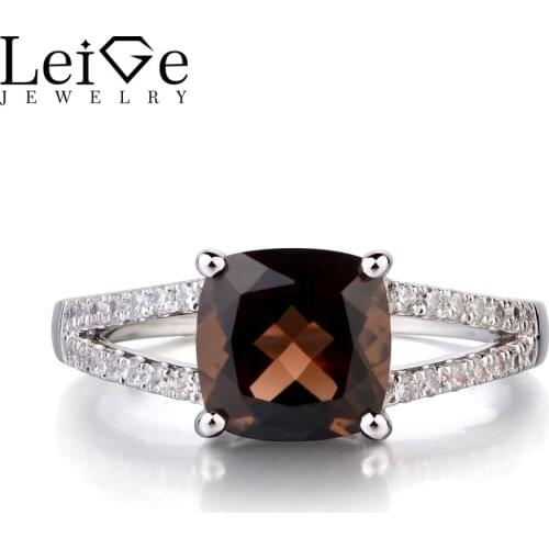 Leige Jewelry 925 Sterling Silver Natural Smoky Quartz Ring Cushion Cut Fine Gemstone Engagement Rings for Women