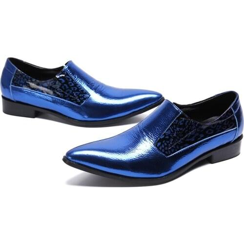 Luxury Shiny Blue Mens Dress Shoes Slip On Men Casual Oxfords Flats Pointed Toe Italian Shoes Soulier Homme Plus Size 38-47