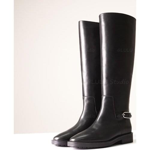 Womens Genuine Leather Shoes Flat With Knee High Boots 2021 Winter Shown Thin Tall Knight Boots Botas Femininas Chaussure Femme