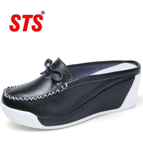 STS New Women Platform Slipper Pattern Breathable Leather Casual Shoes Slip-on Comfortable Butterfly-knot Nurses Shoes
