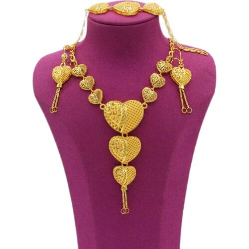 Heart shape 24K Gold Color Necklace&Bracelet&Earrings Jewelry Set Dubai/African/Ethiopian/Indian Women Bridal Wedding Party Gift