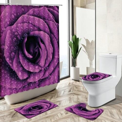 3D Rose Bathroom Curtain Set Nature Flowers Creative Water Floral Waterproof Shower Curtains Toilet Cover Mat Non-Slip Bath Rug