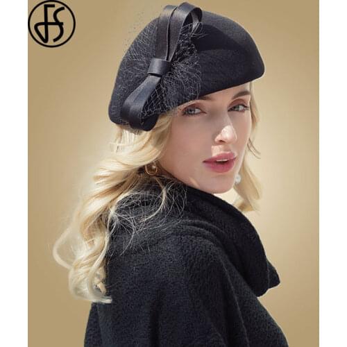 FS Vintage Winter Wool French Beret Hats For Women Black Fedora Hat Veils Felt Hats Ladies Big Bow Wedding Church Pillbox Hat