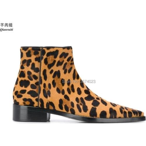 Qianruiti Fashion Autumn Winter Women Leopard Print Ankle Boots Gold Zip Low Heels Pointed Toe Chelsea Booties Runway Shoes