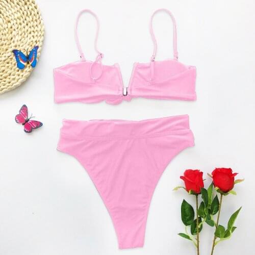 Womens solid color V-neck bikini 2021 summer womens swimsuit sports high quality bikini swimming hot spring womens wear