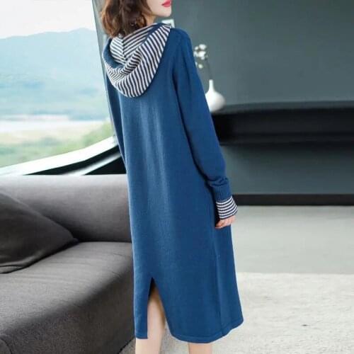 Female Dress 2021 Autumn Winter New Hooded Knitted Dress Women Belly Long Section Over The Knee Plus Size Loose Sweater Skirt E0