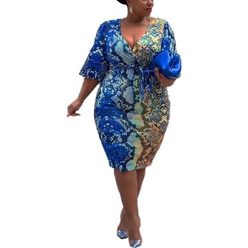 2021 Womens Dress Fashion Commute Temperament Elegant Oversize African Blue Printing Split Fork V-neck 5-point Sleeve