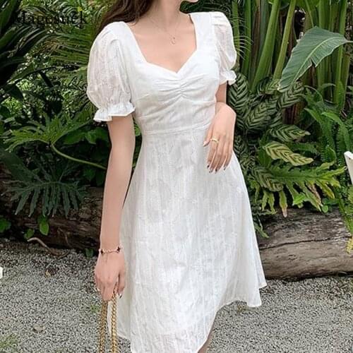 2021 Striped Casual Vintage Knee Length Dress Summer Cotton Puff Sleeve Dress for Women Elegant Party Dresses Robe Femme 14107