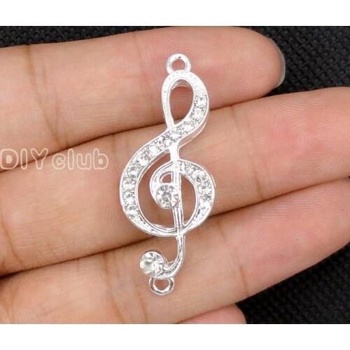 10pcs-Music Note Charms, Silver plated Rhinestone Treble Clef charm pendants, Music Symbo charms 40x16mm