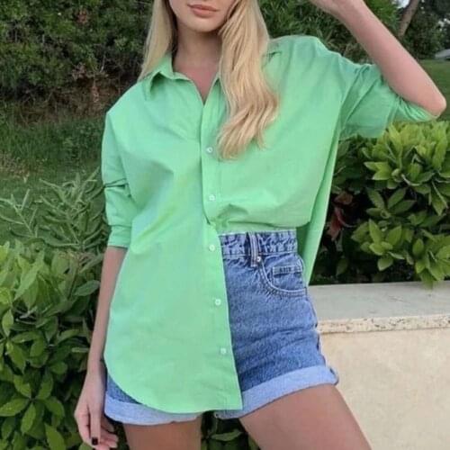 Fashion Women Blouse Loose Single-breasted Soft Lightweight Turn Down Collar Solid Color Long Sleeve Shirt for Daily Wear Green
