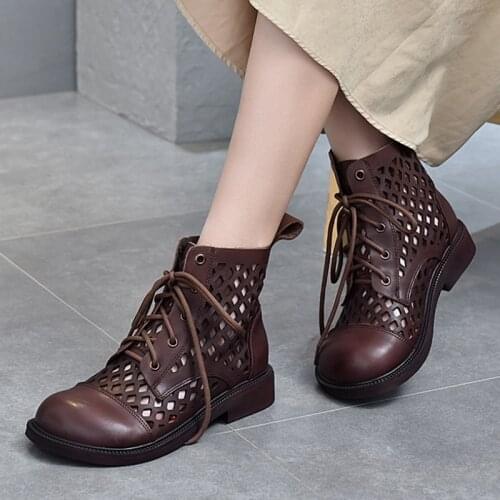 Vintage Summer Women Sandals 2021 New Genuine Leather Retro Shoes Lace-Up Handmade Leisure Casual Sewing Hollow Ladies Sandals