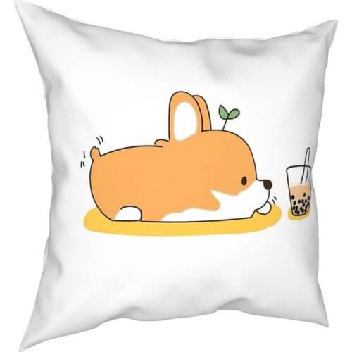 Corgi And Bubble Tea Throw Pillow Cover Cushions for Sofa Cute Dog Kawaii Vintage Cushion Covers