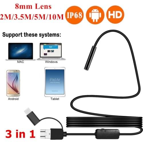 8MM Micro USB Type-c USB 3-in-1 Endoscope 2/3.5/5/10M 1200P HD Borescope Tube Waterproof IP68 USB Inspection Video Camera