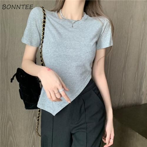 T-shirts Women Short Sleeves Simple Basic O-neck Ladies Korean Style Asymmetrical Solid Design Summer Slim Street Stylish Ins