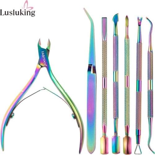 Rainbow Stainless Steel Nail Art Tools Cuticle Spoon Pusher Dead Skin Fork Gel Remover Nipper Tweezer Pedicure Manicure Set