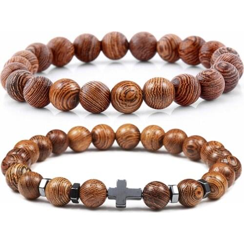 Classic 8mm Wooden Beads Bracelet Men Charm Cross Buddha Head Chakra Natural Stone Braslets for Women Friend Yoga Prayer Jewelry