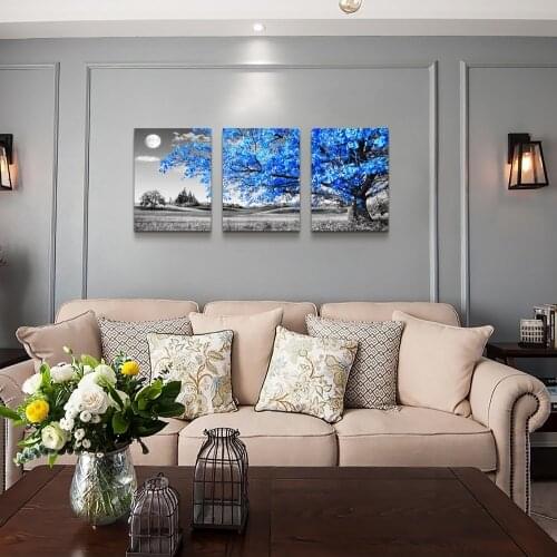 Wall Art For Living Room black and white Blue tree moon Canvas Wall Decor for Home Painting 3 Pieces Canvas Drop shipping