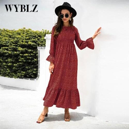 WYBLZ New Autumn Elegant Puff Seleeve Long Dress Casual Big Swing Wave Point Long Sleeve Floral Dresses for Women 2021 Holiday